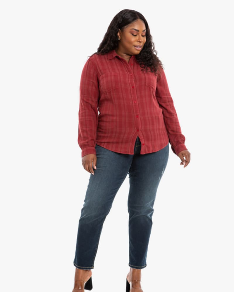 Front of a model wearing a size 0 Janice Button-Down Shirt in BURGUNDY by Slink Jeans. | dia_product_style_image_id:255993